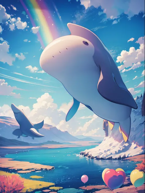 fantastic landscape、, Wander through a fantasy world of clouds and rainbows, floating balloon whale,A surreal landscape where balloon animals move vividly