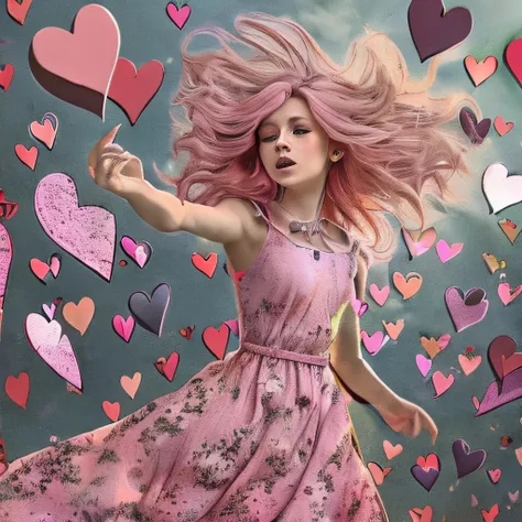 girl in pink shaded dress with pink shaded hair is flying in a background of broken hearts