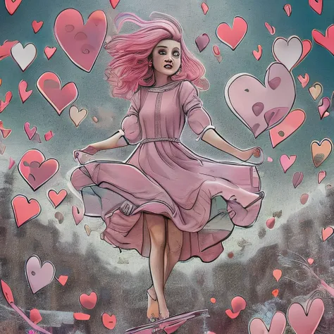 girl in pink shaded dress with pink shaded hair is flying in a background of broken hearts