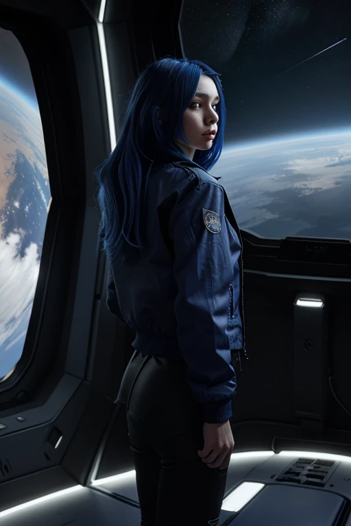 a woman with dark-blue hair stands before a spaceship window  overlooking a planet. She is wearing a black jacket