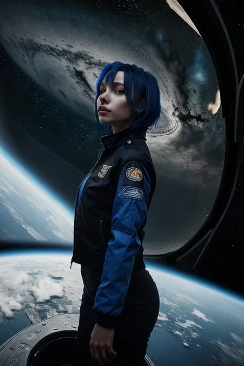 a woman with dark-blue hair stands before a spaceship window  overlooking a planet. She is wearing a black jacket