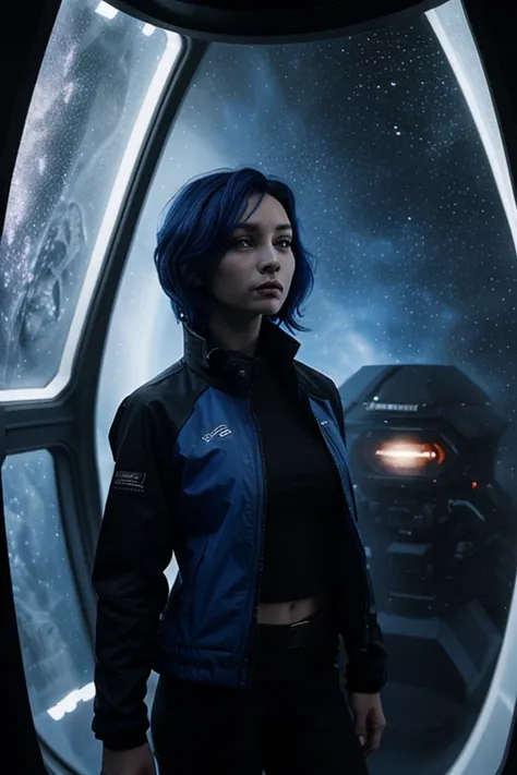 a woman with dark-blue hair stands before a spaceship window  overlooking a planet. She is wearing a black jacket