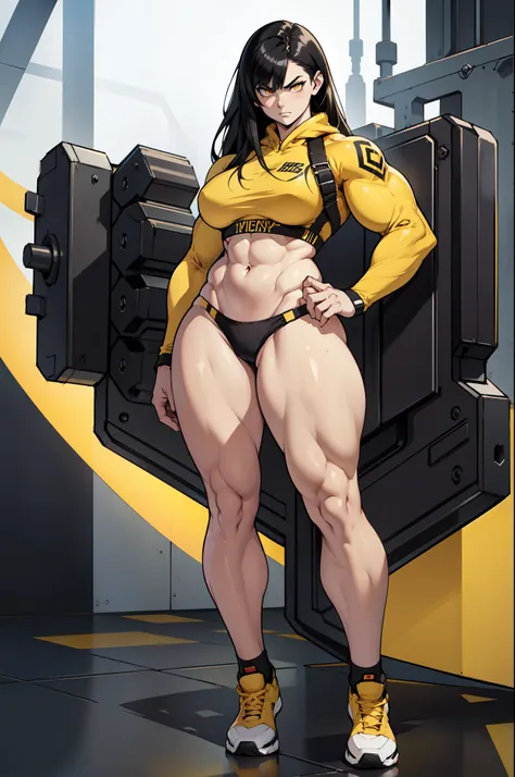 1 girl pale skin black hair yellow eyes long hair angry muscular toned body bodybuilder curvy wide hips thick thighs (full body) solo solo solo solo