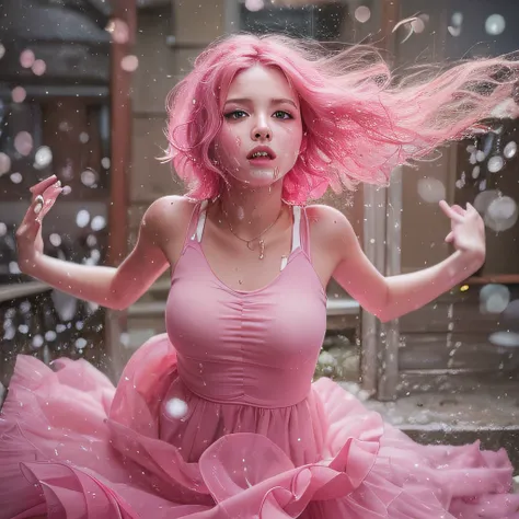 girl in pink shaded dress with pink shaded hair is flying in a background of broken hearts, STABLE DIFFUSION 2.1 REALISTIC PHOTOREAL closup , cute girl, tiefer ausschnitt, small tits, wet transparent top, Masterpiece, absurdres,award winning photo, extreme...