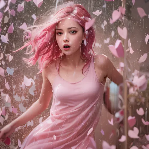 girl in pink shaded dress with pink shaded hair is flying in a background of broken hearts, STABLE DIFFUSION 2.1 REALISTIC PHOTOREAL closup , cute girl, tiefer ausschnitt, small tits, wet transparent top, Masterpiece, absurdres,award winning photo, extreme...