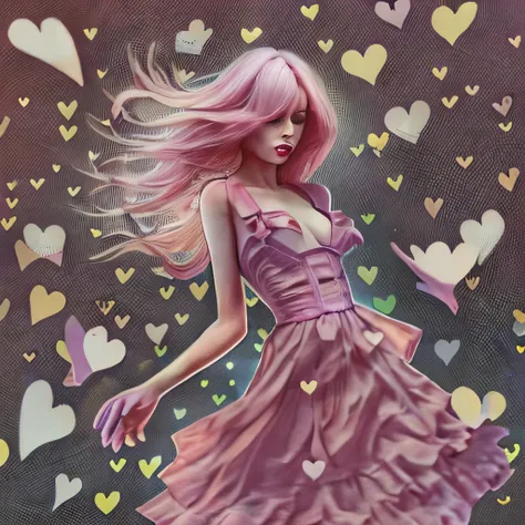 girl in pink shaded dress with pink shaded hair is flying in a background of broken hearts, small tits, transparant