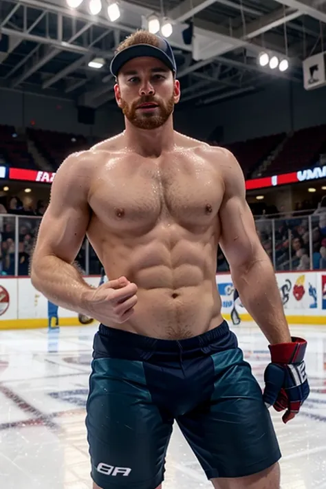 chris evans is a ice hockey player, massive bulge, he is in an ice rink