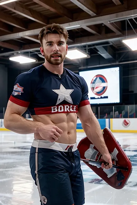 chris evans is a ice hockey player, muscular body, he is in an ice rink