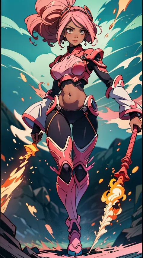 black woman, dark skin, lightpink hair, fullbody, transparent cloths, walking in volcano lava, manga style, using a long lance to shot a powerfull skill --auto --s2