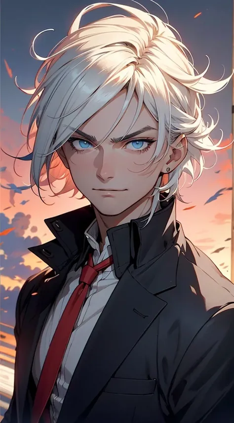 boy, thin, manly face, in a coat, modern business wear, high face detail, anime style, short white hair, blue eyes, smirk, evil look, gust of wind, Exquisite detail, high difficulty, cinematic lighting, against the backdrop of a red sky, super detail, intr...