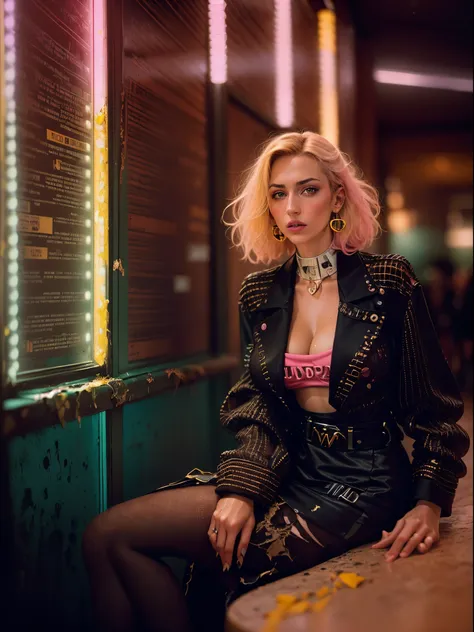 analogue fashion photo shot of young blonde woman with cyberpunk hair, (((big boobs))) in a 1950 korean hotel lobby, ((neon lights pink and yellow lights)), (((((high fashion dark clothes in the style of Miuccia Prada))))), supermodel, sexy model poses, ma...