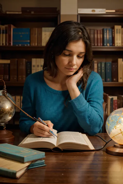 Create an image of size 1440x800 showing a middle-aged American woman in a serene library setting, deep in thought, with a puzzled expression. Shes intently examining a large, colorful jigsaw puzzle on a table in front of her. The puzzle pieces are uniquel...