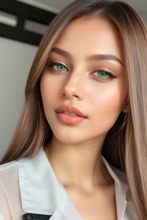 Russian lips, asiatic exotic green eyes, chocolate skin