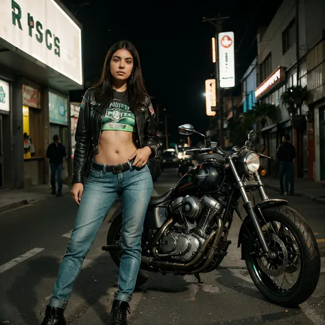 Mujer mexicana con pantalones ajustados de cuero montada en una motocicleta futurista, Science-Fiction, Calle futurista, bien iluminado, cyberpunk