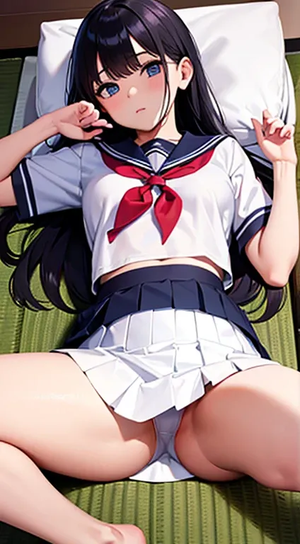 masterpiece,best quality,Ultra detailed,8k,realistic,ultra detailed,highly detailed,nsfw,1girl,small breasts,solo,bangs,breasts,closed mouth,futon,indoors,leaning back,long hair,lying,neckerchief,pillow,pleated skirt,reclining,school uniform,short sleeves,...