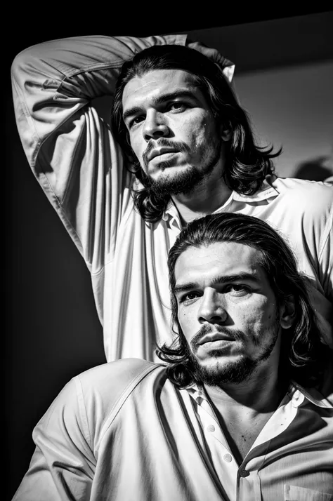 RAW photo, , ultra-detailed, under exposed, dark shot, b&w, a portrait photo of Che Guevara in (white clothes:1.2), iconic pose, detailed facial features, detailed skin, 8k uhd, high quality, film grain, Fujifilm XT3, 35mm