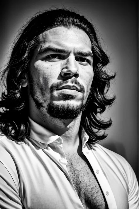 RAW photo, , ultra-detailed, under exposed, dark shot, b&w, a portrait photo of Che Guevara in (white clothes:1.2), iconic pose, detailed facial features, detailed skin, 8k uhd, high quality, film grain, Fujifilm XT3, 35mm