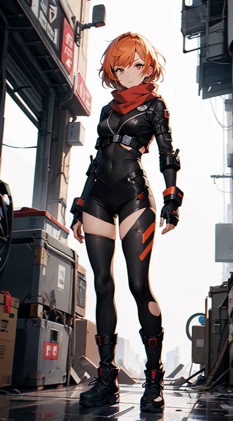 (masutepiece, best quality), ultra-detailed, anime style, full body, alone, Cyberpunk Karate Girl, Sci-fi costume and torn red scarf, orange hair and brown eyes, Fighting pose, high-tech gauntlets and boots, Standing on the vacant lot, digital painting, 8k...