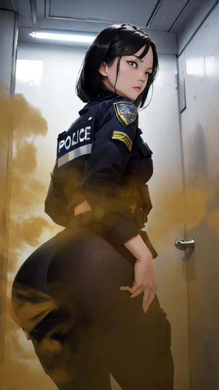 ((velocity)),Yellow smoke,Attacked by farts, (((Women farting))),(girl farting while interrogating prisoners)),frowned,velocity,(Yellow smoke is rising))(a female police), (wearing a police uniform),(standing facing the screen),(her butt facing the screen)...