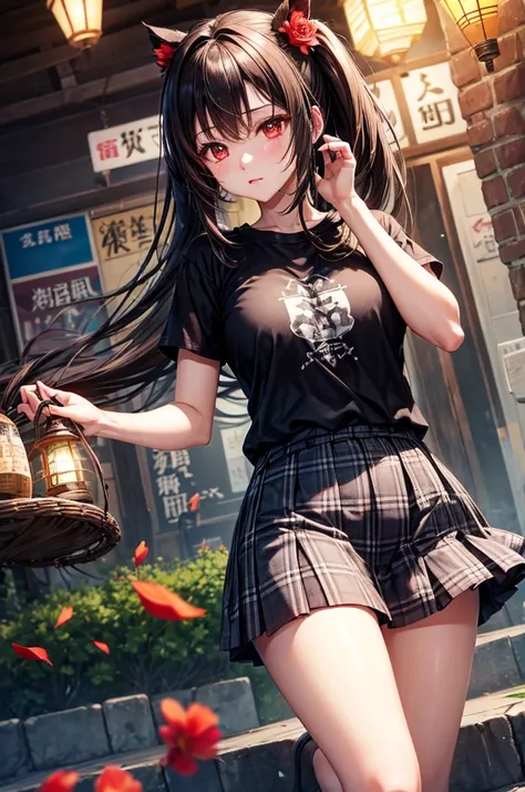 Black brown hair、red eyes、one good looking girl、独奏、animesque、lightly dressed、Plaid miniskirt、flower petals、wetting hair、Black T-shirt、large tree、云、railroad crossing、poneyTail、monster castle、lantern