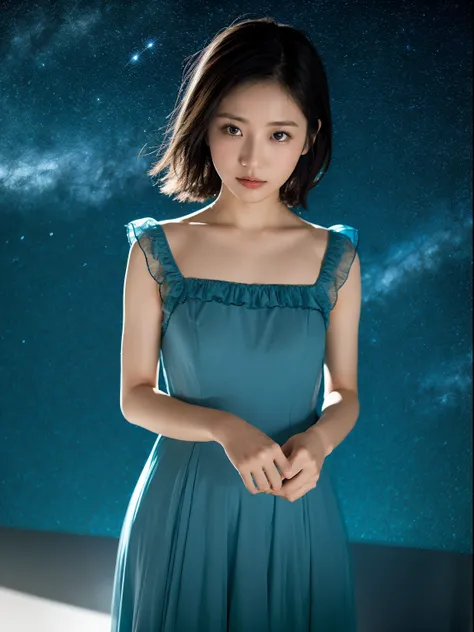 Intriguing perspective of a [young 
japanese woman]. The translucent quality of her dark blue dress against a muted background creates a sense of starry sky serenity. frill, translucent, tilt-shift effect. shot with Fujifilm GFX 100