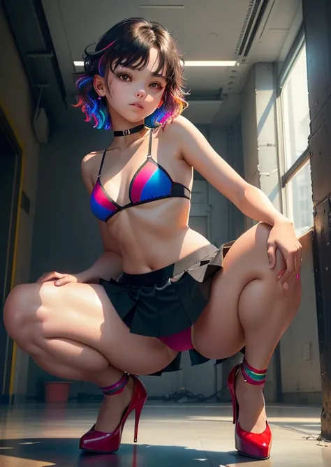 ((medium breast, tomboy girl, small head)), daylight, sunlight, (perfect body: 1.1), (young), (short wavy hair: 1.2) , choker, full body shot, crowded street, ((miniskirt)), (extremely detailed CG 8k wallpaper), (an extremely delicate and beautiful), (mast...