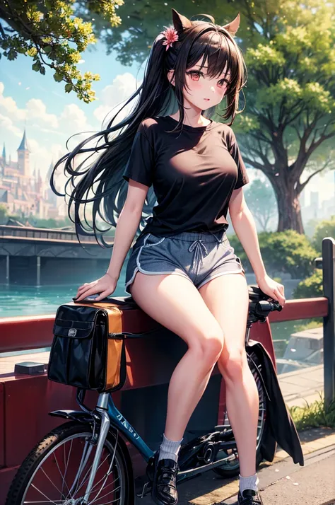 girl sitting on the bicycle saddle, Dolphin Shorts,Black brown hair、red eyes、one good looking girl、独奏、animesque、lightly dressed、Plaid miniskirt、flower petals、wetting hair、Black T-shirt、large tree、云、railroad crossing、poneyTail、monster castle、lantern