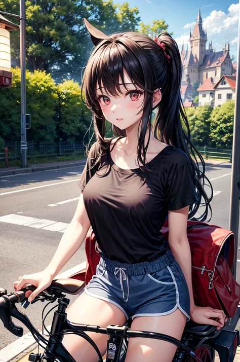 girl sitting on the bicycle saddle, Dolphin Shorts,Black brown hair、red eyes、one good looking girl、独奏、animesque、lightly dressed、Plaid miniskirt、flower petals、wetting hair、Black T-shirt、large tree、云、railroad crossing、poneyTail、monster castle、lantern