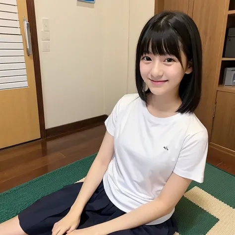 An ultra-high picture quality、Perfect Photo、Japan beautiful girl、female high-school student、Slender body、Black hair okata、With bangs、Cute room、Own room、Physical education sitting、Stretch comfortably、Wearing only a plain white T-shirt、looking-down、Nokezoru、...