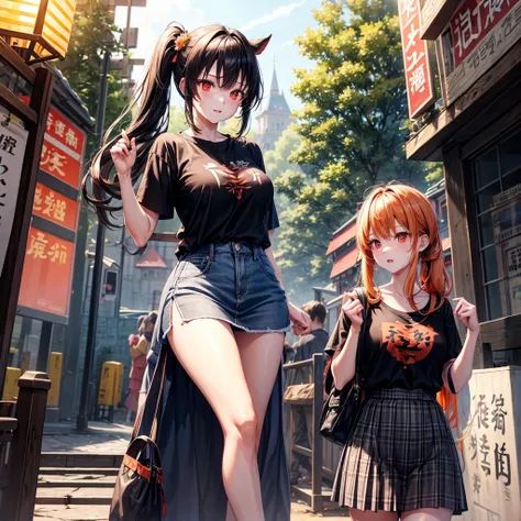 orange black hair、red eyes、one good looking girl、独奏、animesque、lightly dressed、Plaid miniskirt、flower petals、wetting hair、Black T-shirt、large tree、云、railroad crossing、poneyTail、monster castle、lantern