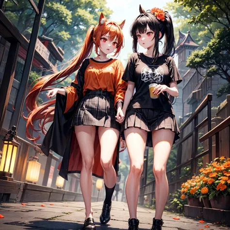 orange black hair、red eyes、one good looking girl、独奏、animesque、lightly dressed、Plaid miniskirt、flower petals、wetting hair、Black T-shirt、large tree、云、railroad crossing、poneyTail、monster castle、lantern