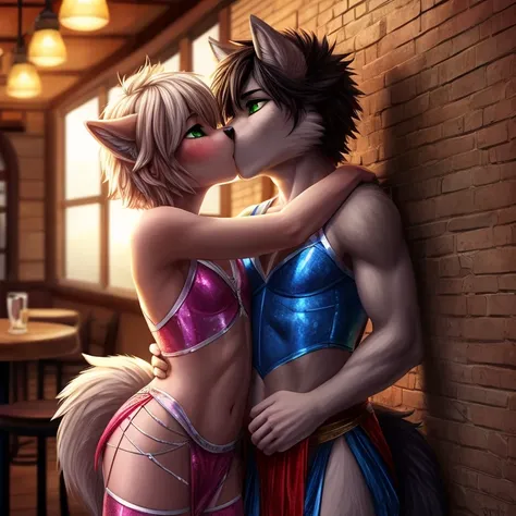 male, thin body, feminine, furry , anthro, puppy, young, femboy, fantasy dancer outfit , lewd face, blushing, see through clothing , kissing masculine wolf girl, hugging partner, short messy hair, green eyes, in pub ,pinned to wall super detail, masterpiec...