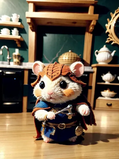 ZhenXian(wanou), a cute hamster illustration, brave warrior, medieval style, 3d animation, a dark and enormous kitchen for background, Blurry background, lord of the rings ambience