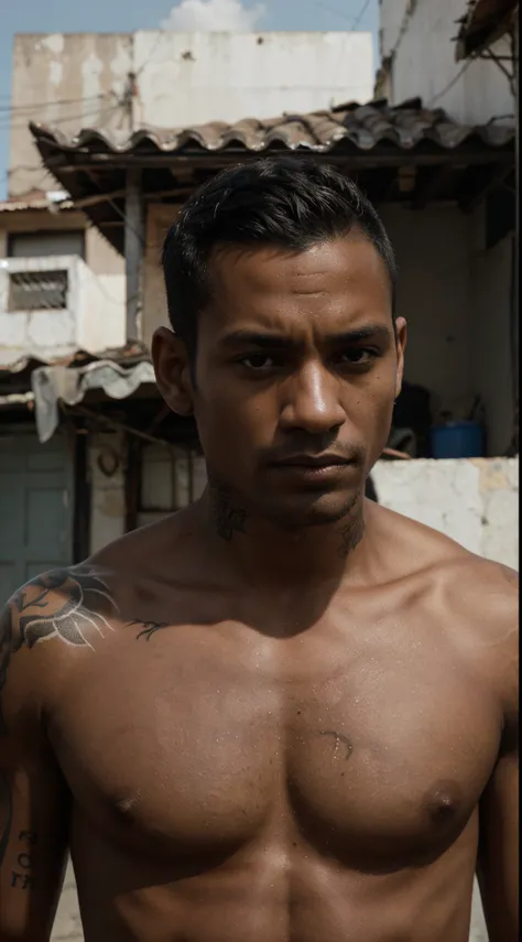 a hyper realistic photo in high definition of a thin dark-skinned man with short hair and several tattoos on the roof of a favela