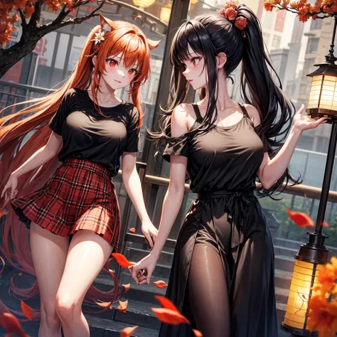 orange black hair、red eyes、one good looking girl、独奏、animesque、lightly dressed、Plaid miniskirt、flower petals、wetting hair、Black T-shirt、komono、large tree、云、railroad crossing、poneyTail、monster castle、lantern