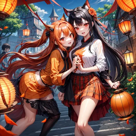 orange black hair、red eyes、one good looking girl、独奏、animesque、lightly dressed、Plaid miniskirt、flower petals、wetting hair、Black T-shirt、komono、large tree、云、railroad crossing、poneyTail、monster castle、lantern