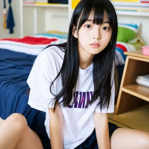 An ultra-high picture quality、Perfect Photo、Japan beautiful girl、17 age、female high-school student、Slender body、Black hair Long hair、With bangs、Cute room、Own room、Physical education sitting、Stretch comfortably、Wearing only a plain white T-shirt、look up to、...