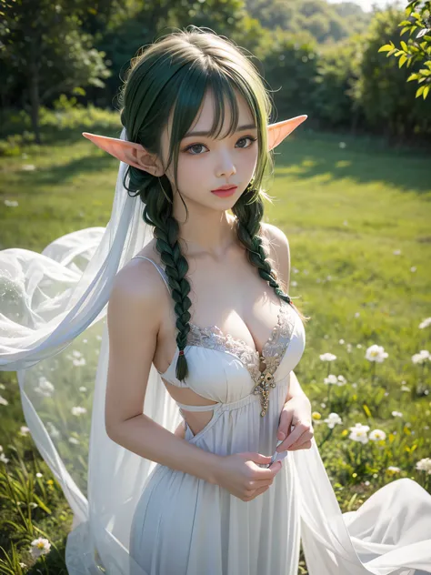 Graceful elven girl standing in meadow, Delicate face illuminated by the soft light of the setting sun. Her long, Flowing hair runs down your back, Decorated with intricate braids、Adorned with sparkling gemstones. This great photo is、、、It captures the ethe...