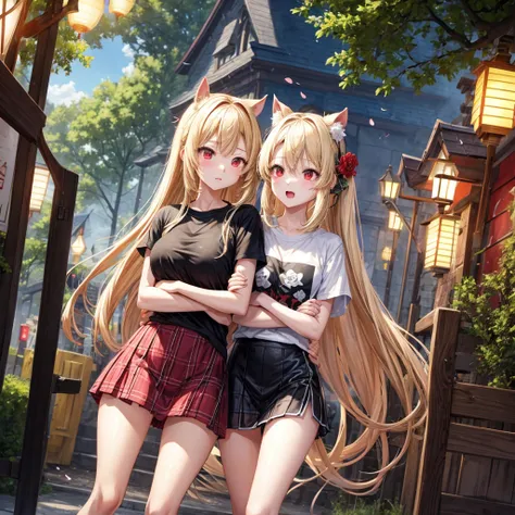 a blond、red eyes、one good looking girl、独奏、animesque、lightly dressed、Plaid miniskirt、flower petals、wetting hair、Black T-shirt、large tree、云、railroad crossing、poneyTail、monster castle、lantern