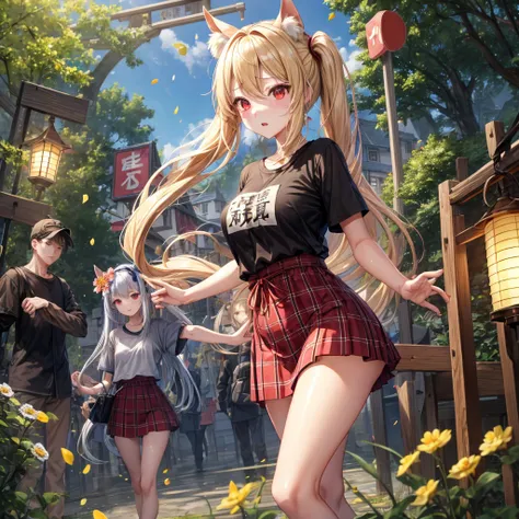 a blond、red eyes、one good looking girl、独奏、animesque、lightly dressed、Plaid miniskirt、flower petals、wetting hair、Black T-shirt、large tree、云、railroad crossing、poneyTail、monster castle、lantern