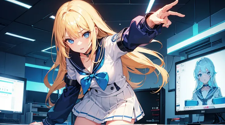 (1 girl, blonde hair, blue eyes, sailor suit), (blue cyberpunk, shop with many monitors, blue neon)