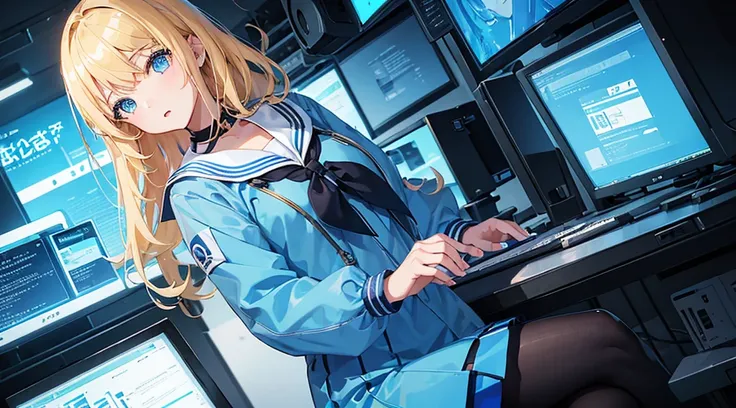 (1 girl, blonde hair, blue eyes, sailor suit), (blue cyberpunk, shop with many monitors, blue neon)