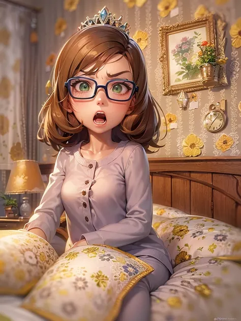 princess bedroom, in the morning, dynamic, (angry:1.7 open mouth) 1 brown bob hair woman, green eyes:1.5, glasses, in a cute pajamas, masterpiece, beautiful detailed grow.