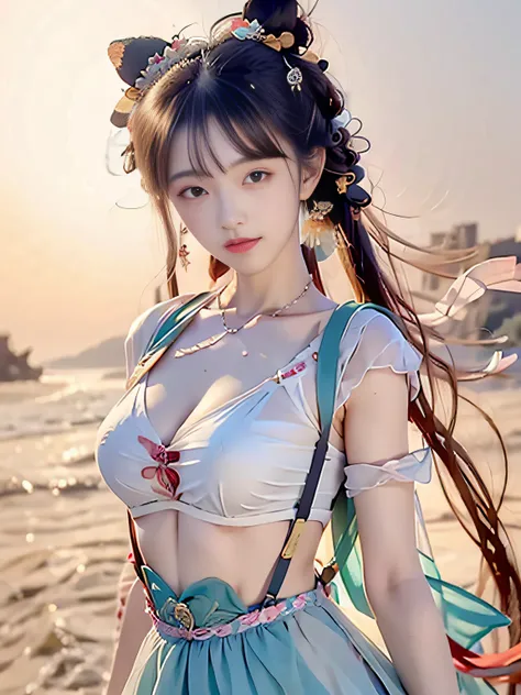 Bust photo, face close-up, face shot, a beautiful woman, messy hair, girly, symmetrical bun, hair accessories, jewelry, delicate face, (suspenders: 1.5), (high split lower skirt 1.7), (many patterns: 1.5), crop navel, open belly, Dunhuang style, a lot of s...