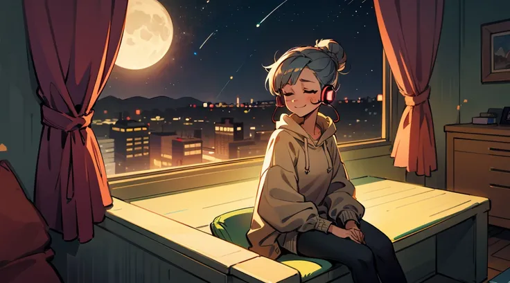 A beautiful girl is sitting in a peaceful room, wearing headphones and looking out the window at night. The room is bathed in soft moonlight, and the only sound is the gentle hum of the city outside. The girl is wearing a comfortable oversized hoodie and l...