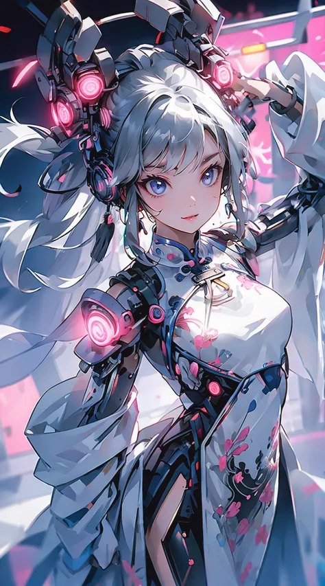 1 girl, Chinese_clothes, liquid silver and pink, cyberhan, cheongsam, cyberpunk city, dynamic pose, glowing headphones, glowing hair accessories, long hair, glowing earrings, glowing necklace, cyberpunk, high-tech city, full of mechanical and futuristic el...