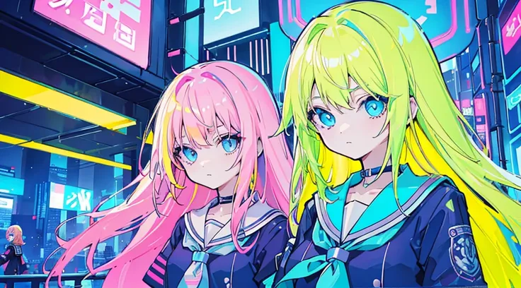 (((neon colors))), (2 girls, blonde hair, blue eyes, sailor suit), (blue cyberpunk city, blue neon)