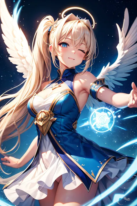 blue eyes, angel, winking, angel with white wings, blonde hair, long hair, side ponytail, halo, tiara, one eye closed, happy, anime style, high detail, anime, Op art, glowing light, UHD, retina, textured skin, award winning, masterpiece, super detail, best...