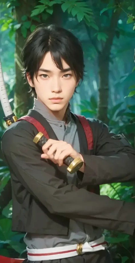 Real life adaption of this character ,teen handsome man, same hair, realistic same katana on the back, holding scroll ninja,(realistic same outfit),realistic jungle background , realistic light, realistic shadow, realism, hyper realistic,(photorealistic:1....