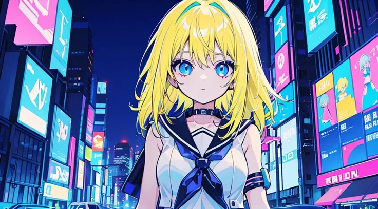 (neon colors), (1 girl, blonde hair, blue eyes, sailor suit), (blue cyberpunk city, blue neon)